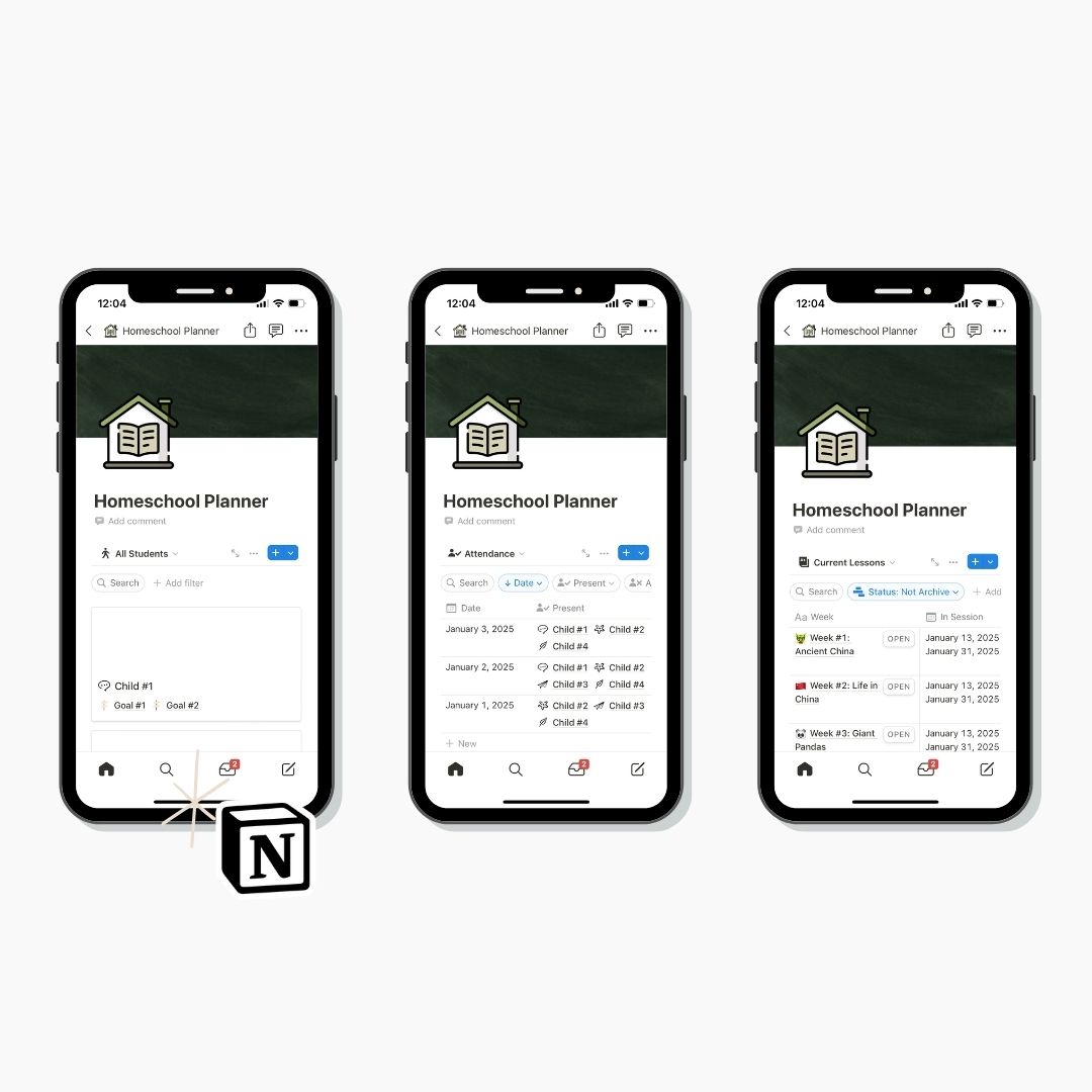 homeschool notion databases lesson plan student profiles attendance tracker