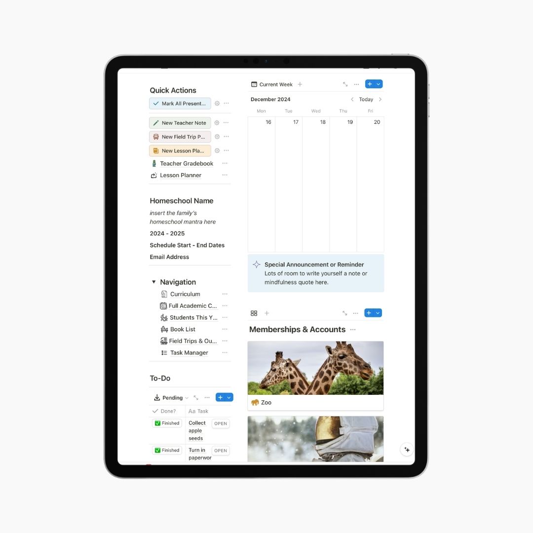 notion homeschool planner on ipad dashboard 