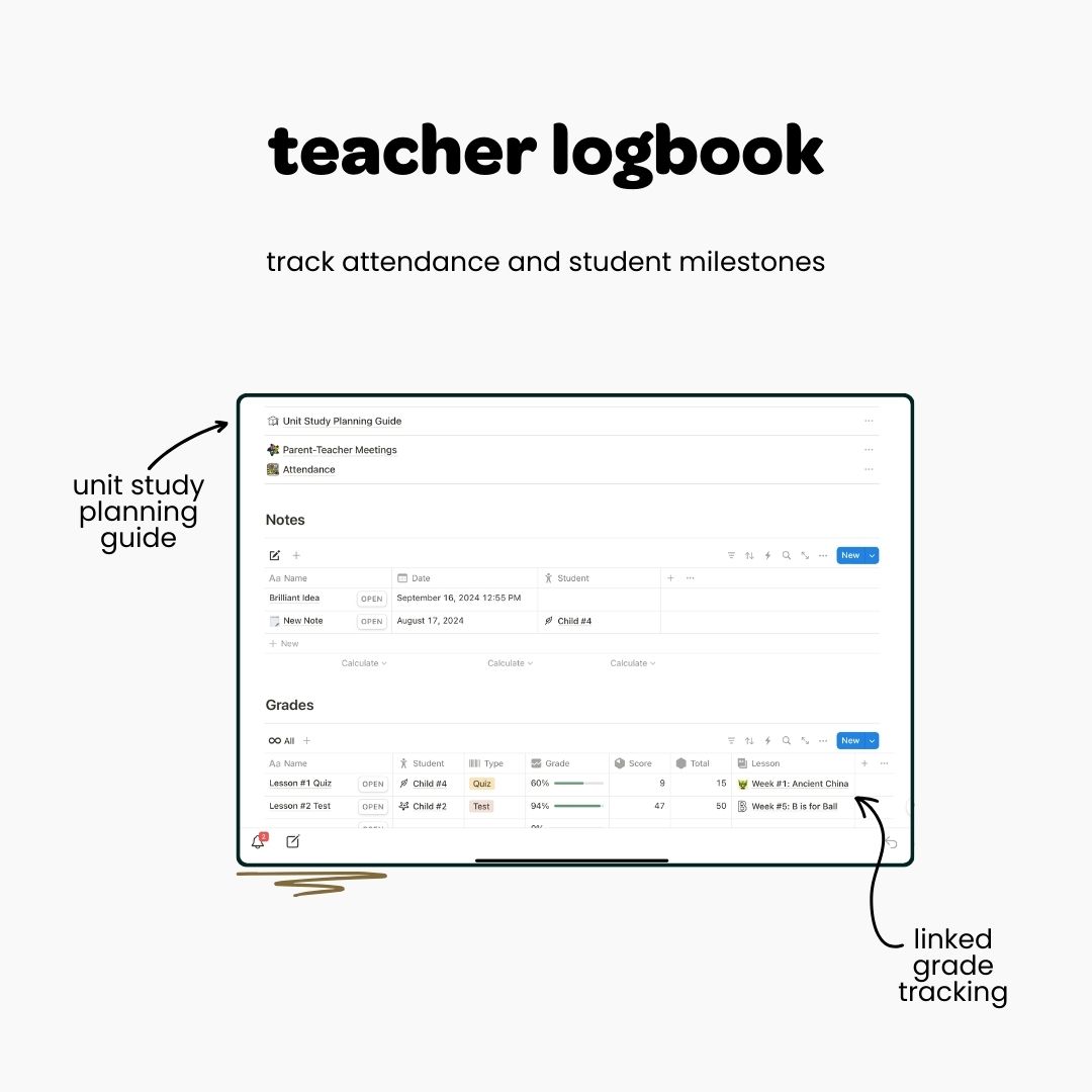 homeschool notion databases lesson plan student profiles attendance tracker teacher log book grade tracker